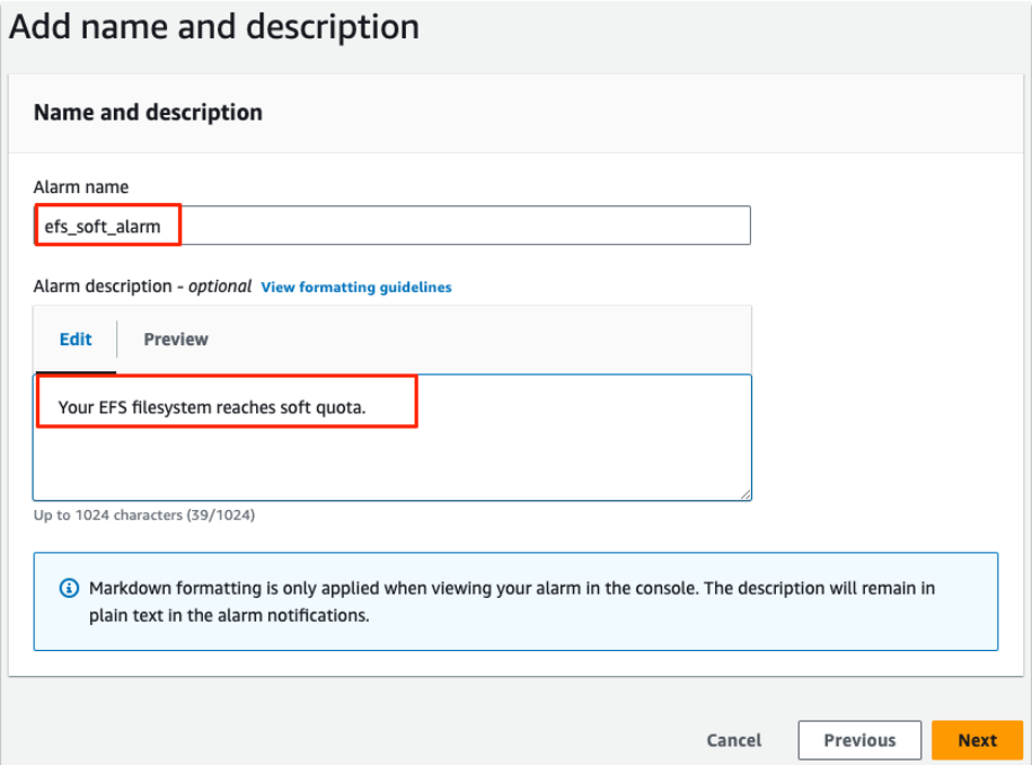 Figure 6: Setting name and description for CloudWatch alarm