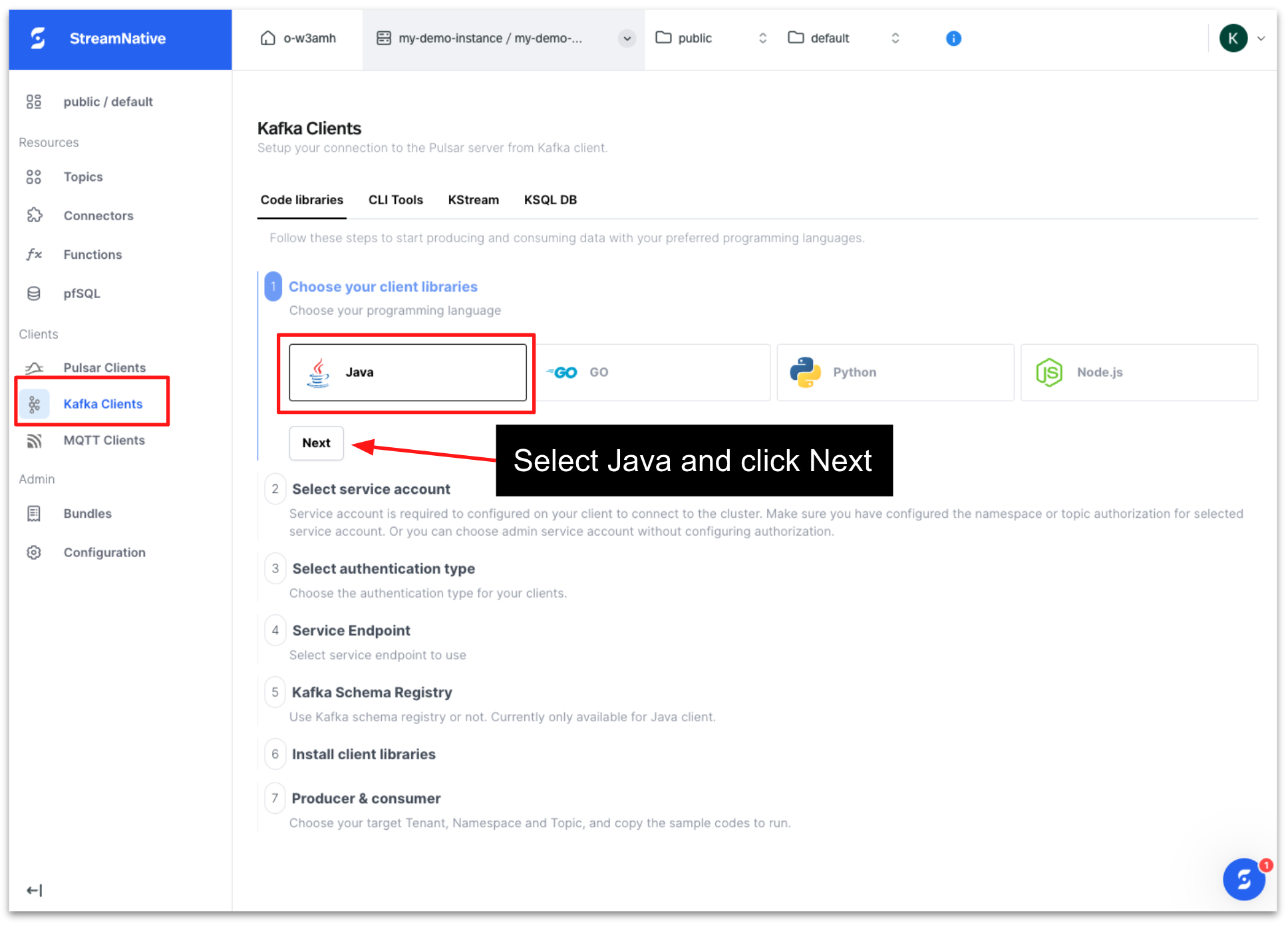 Figure 13_Image showcasing step-by-step guide for setting up Java based Kafka client in StreamNative Cloud console