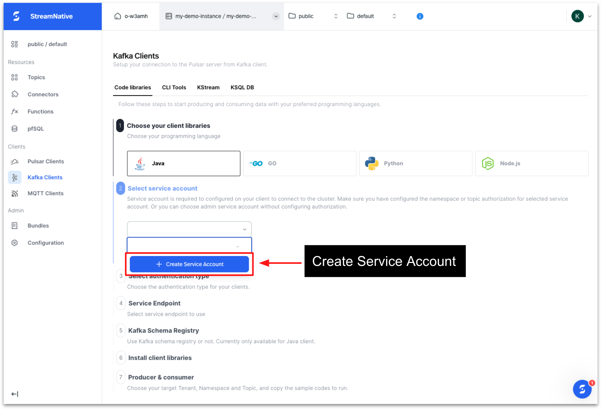 Figure 14_Image showcasing a step creating service account for Kafka client in StreamNative Cloud console