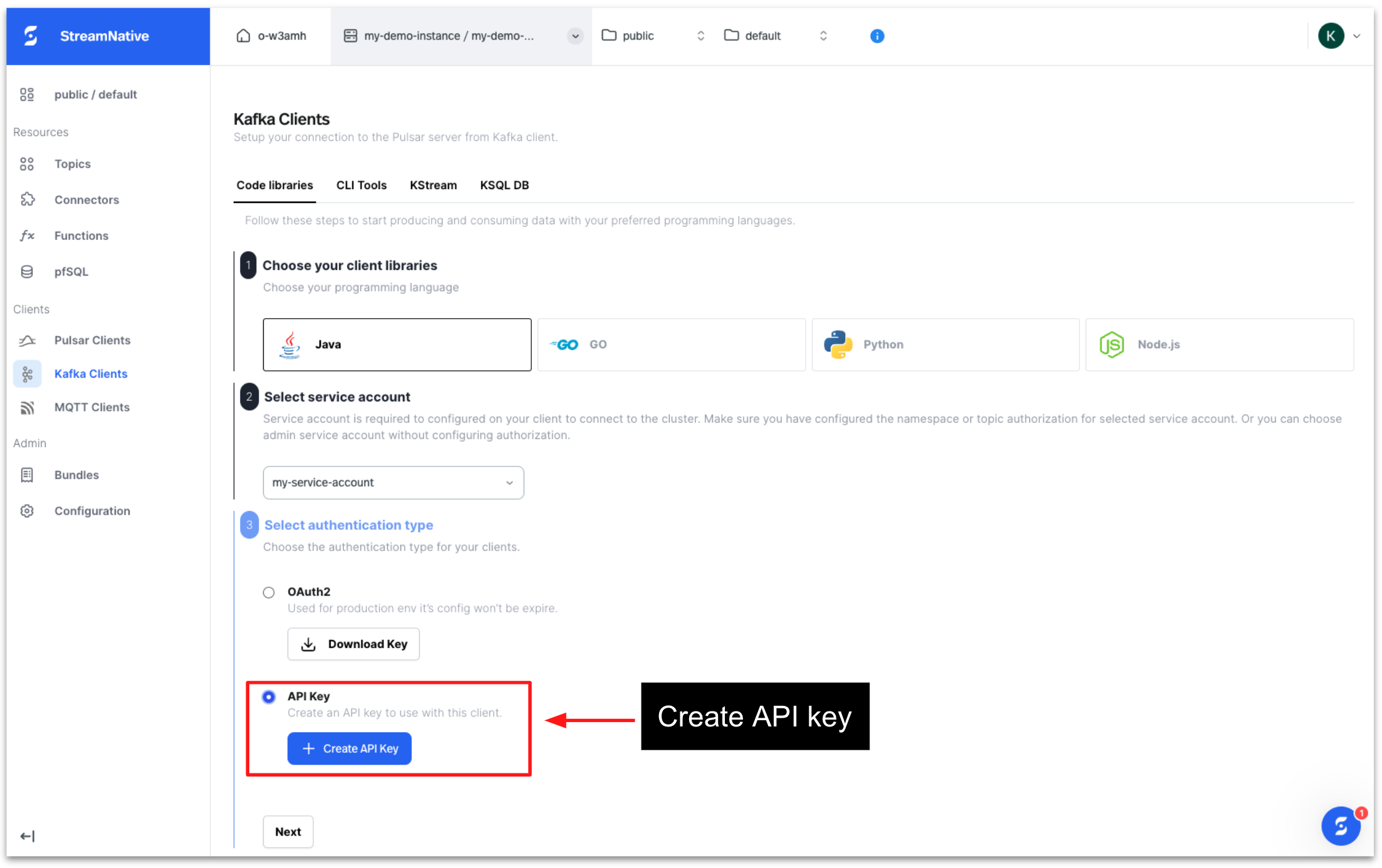 Figure 15_Image showcasing a step creating API Key to use for Kafka client in StreamNative Cloud console
