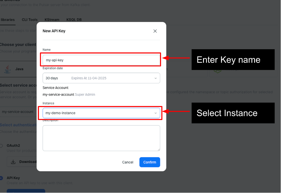 Figure 16_Image showcasing a step creating new API Key with Name and Instance selection in StreamNative Cloud console