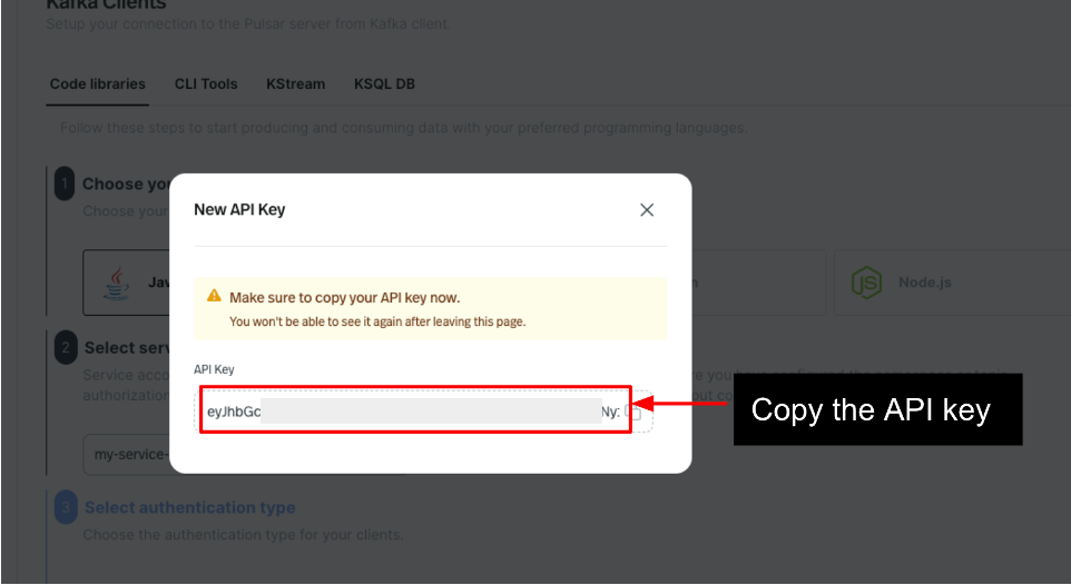 Figure 17_Image showcasing a step copying newly created API Key in StreamNative Cloud console