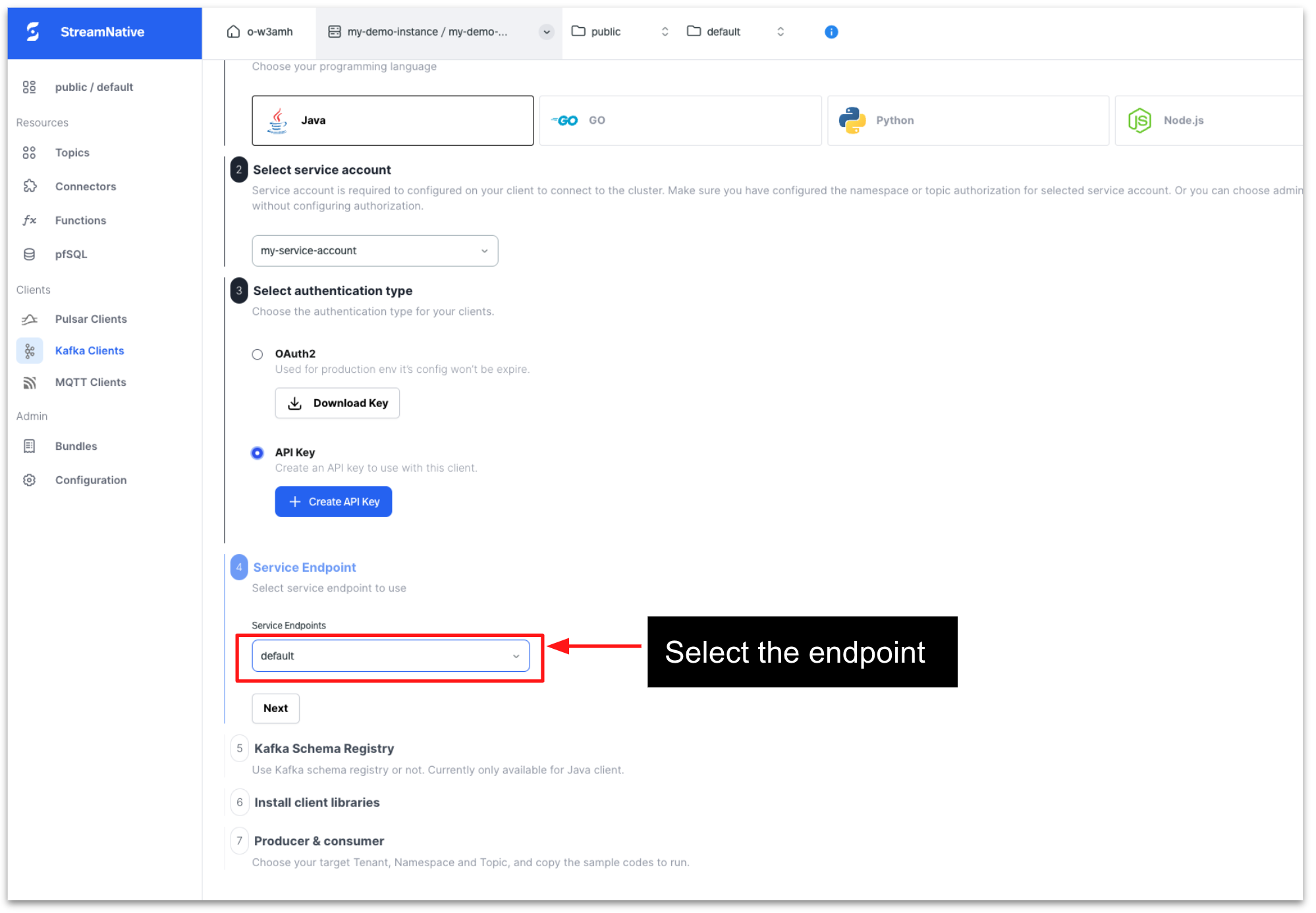 Figure 18_Image showcasing a step selecting default endpoint in StreamNative Cloud console