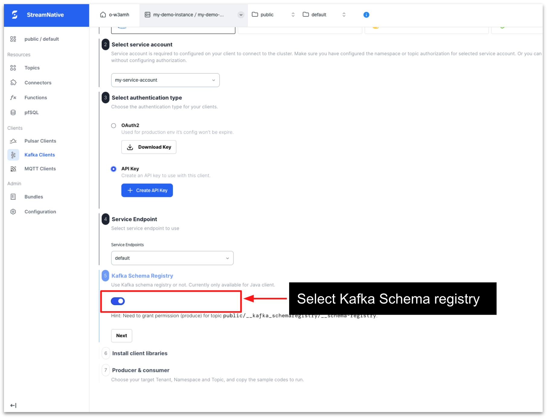 Figure 19_Image showcasing a step enabling Kafka Schema Registry in StreamNative Cloud console