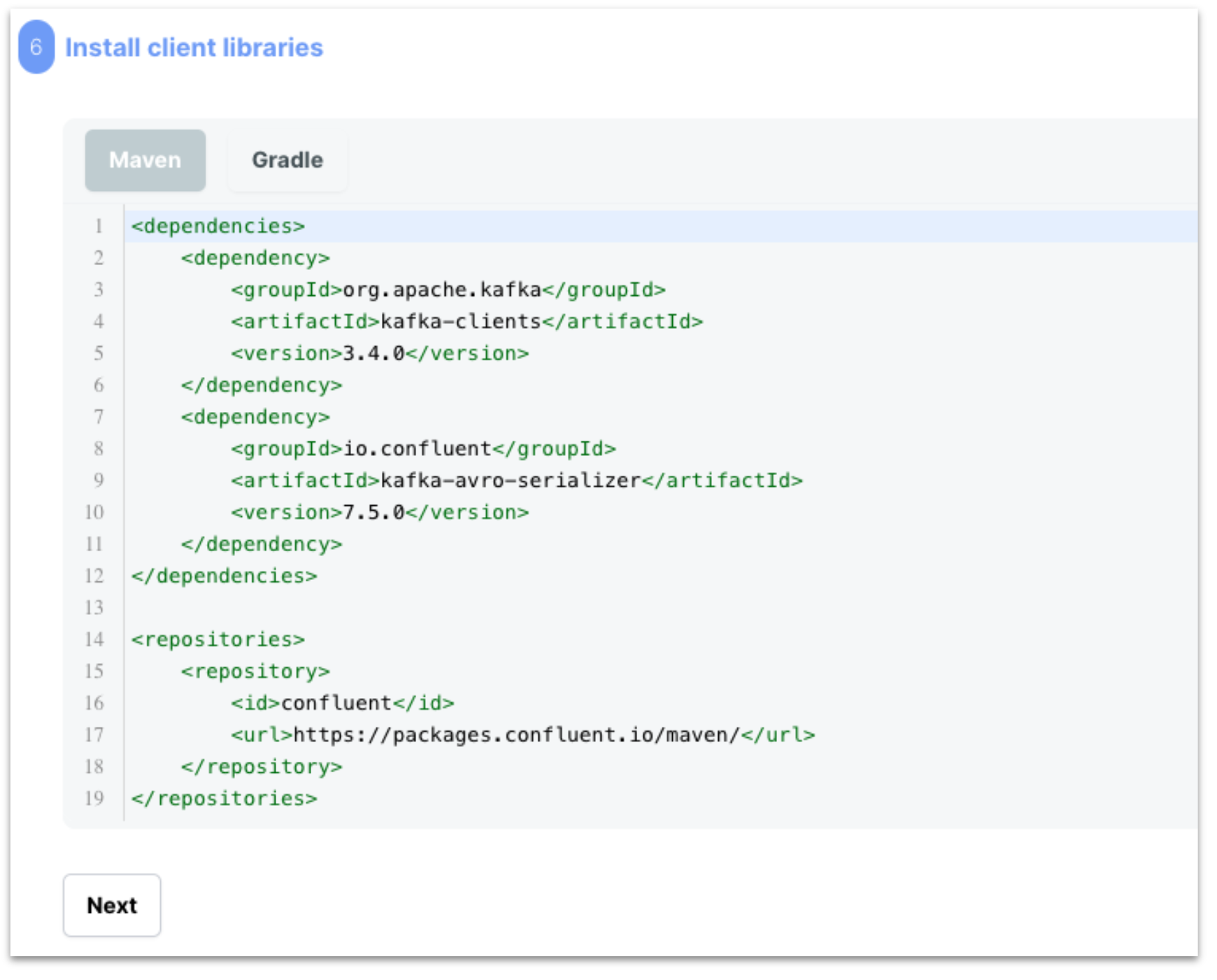 Figure 20_Image showcasing a step providing client libraries needed to run Java based Kafka client