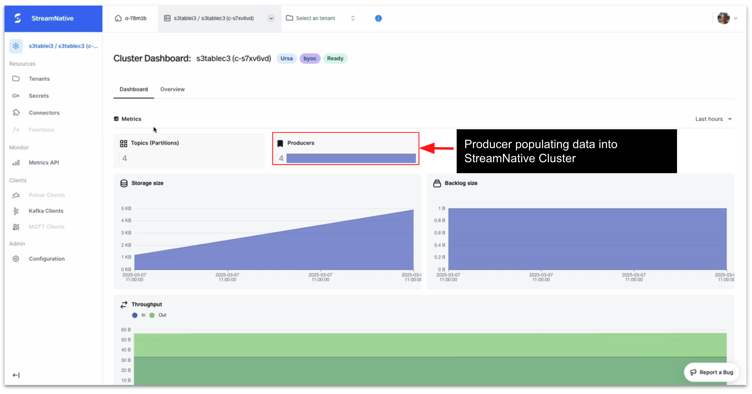 Figure 23_ Image showcasing StreamNative Cloud instance cluster dashboard with metrics