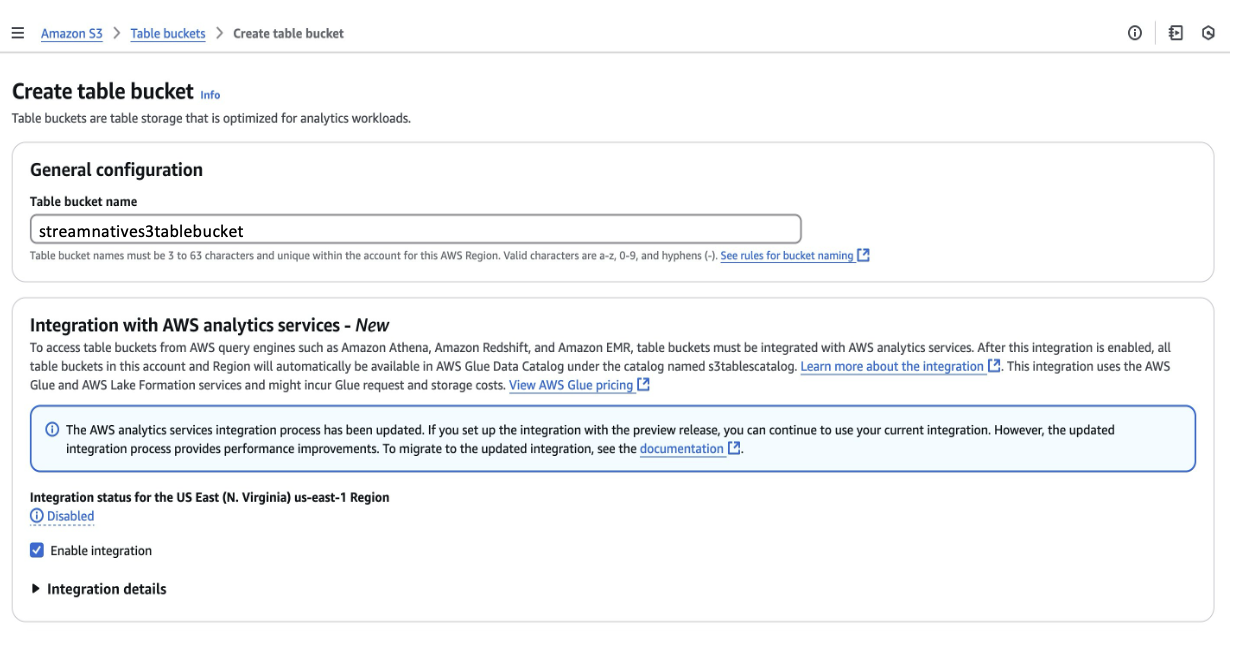 Figure 2_ Image showcasing how to create Amazon S3 Tables bucket using Amazon S3 console