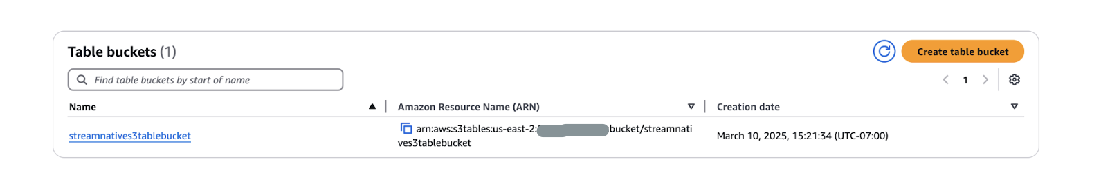 Figure 3_ Image showcasing table bucket created with ARN in Amazon S3 console