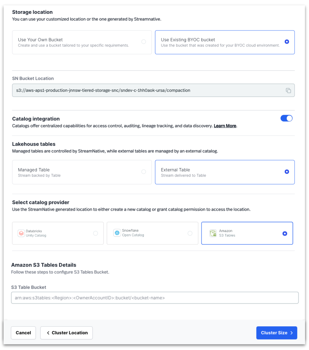 Figure 8_Image showcasing StreamNative Cloud instance storage location and Amazon S3 Tables integration