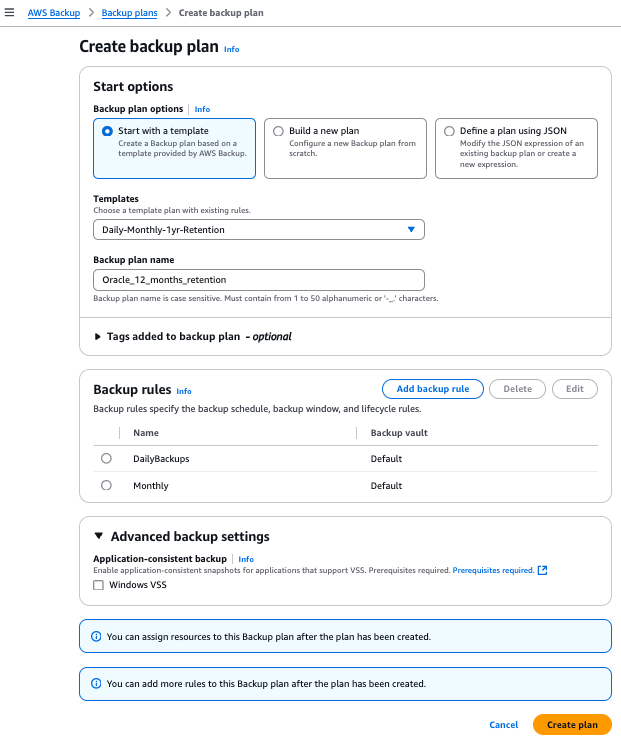 Figure 3. Configure the AWS Backup plan (and associated rules if not using defaults)