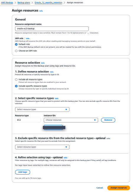 Figure 4. Assign resources to the plan (Oracle EC2 server/s)