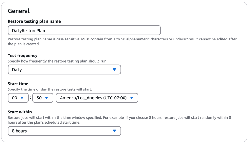 Figure 1: Example restore testing plan configuration