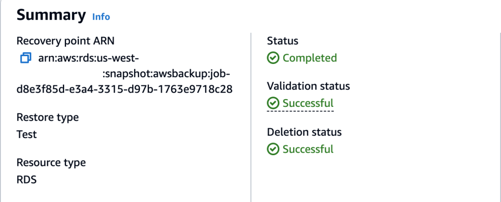 그림 10: AWS Backup 복원 테스트 완료 예시