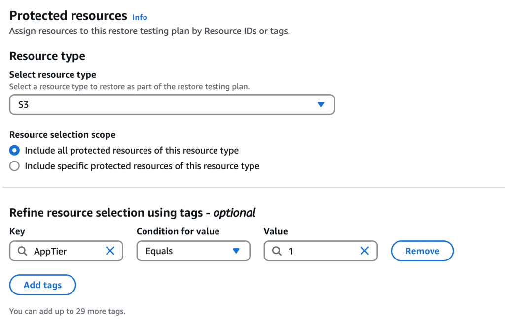 Figure 4: Example protected resources selection filtered using tags