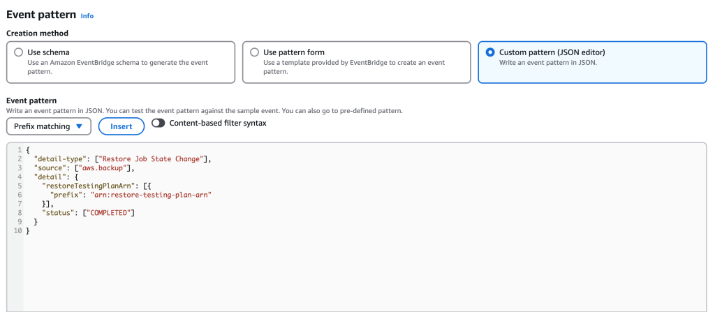 Figure 7: Example of EventBridge event pattern for restore job