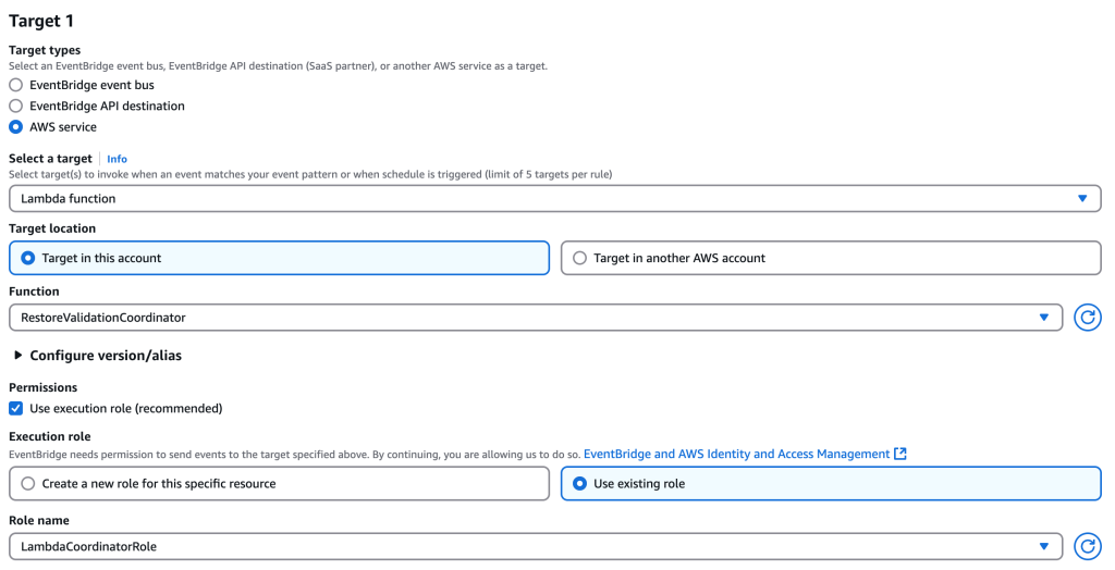Figure 8: Sample target selection for EventBridge rule