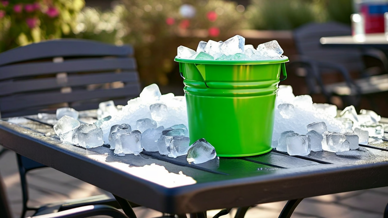 Bucket filled with ice on a table