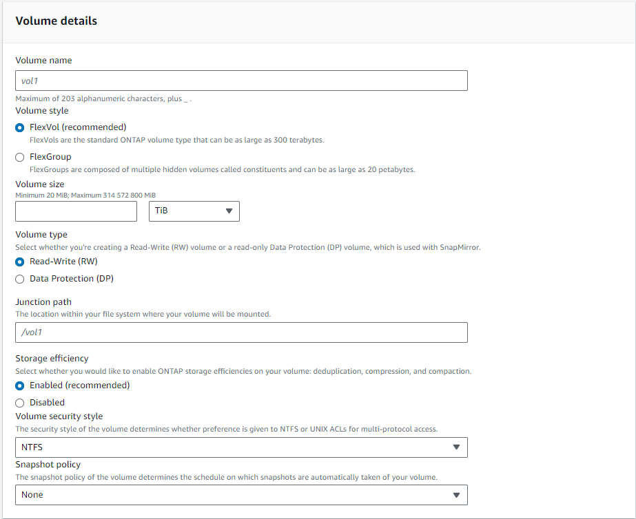 Figure 7: Volume configuration details