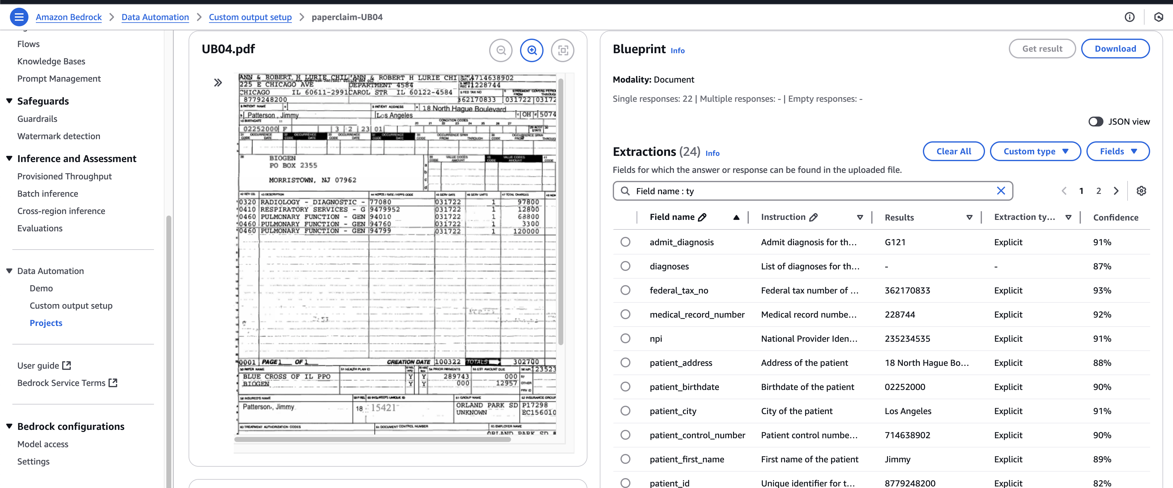 UB-04 form extraction in the AWS console showing field level instructions, results and confidence scores