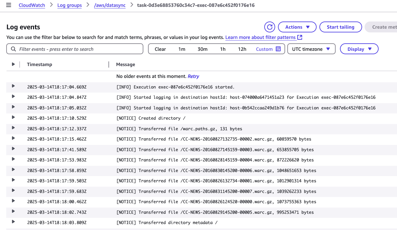 Events emitted by DataSync task in CloudWatch Logs group