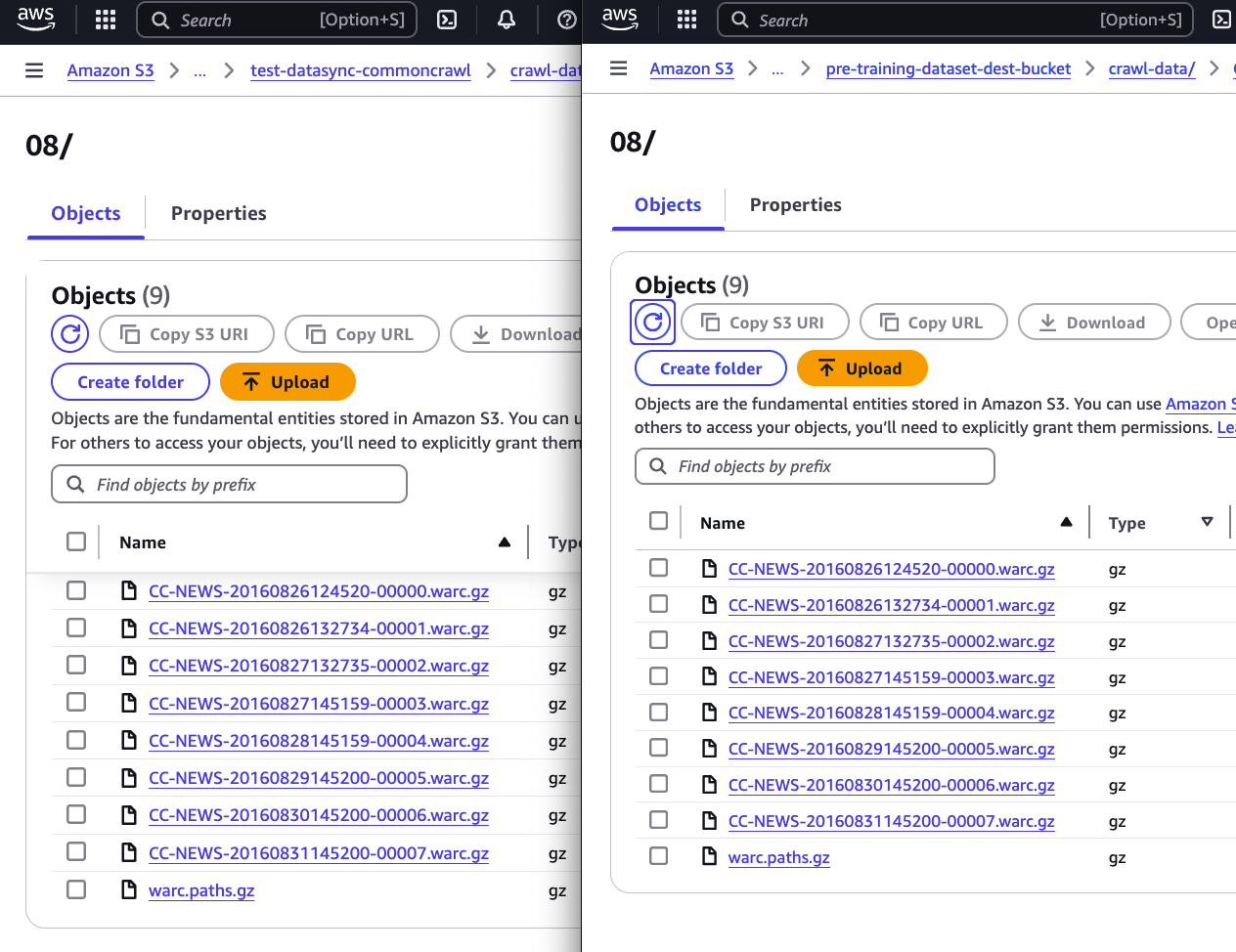 AWS Management Console screenshot showing Common Crawl files transferred by DataSync