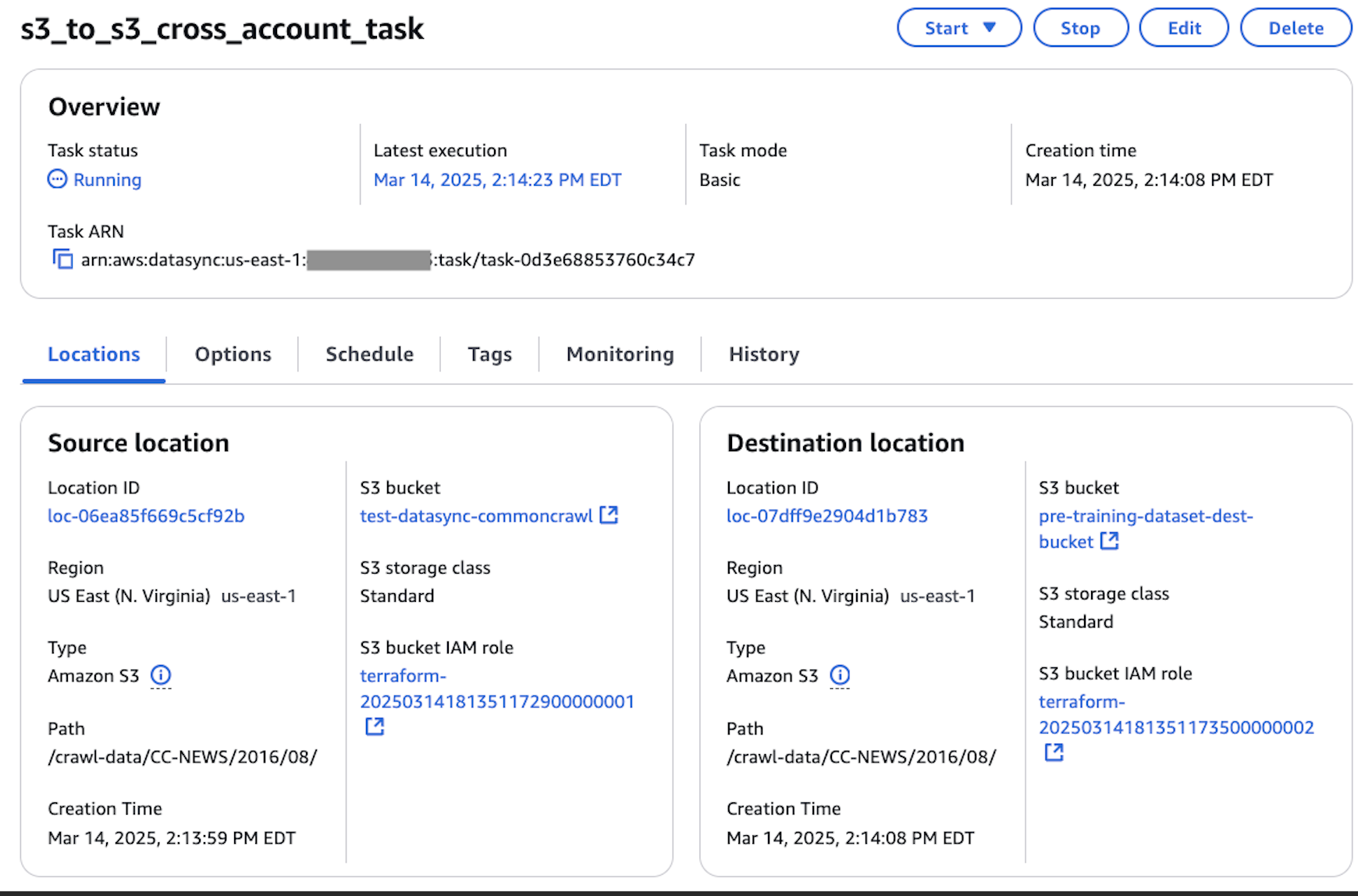 AWS Management Console screenshot of the source and destination locations from the DataSync task created by Terraform