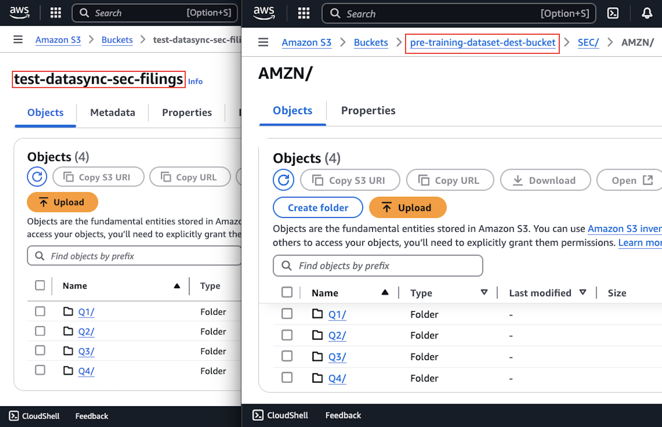 AWS Management Console screenshot showing SEC filling data transferred by DataSync