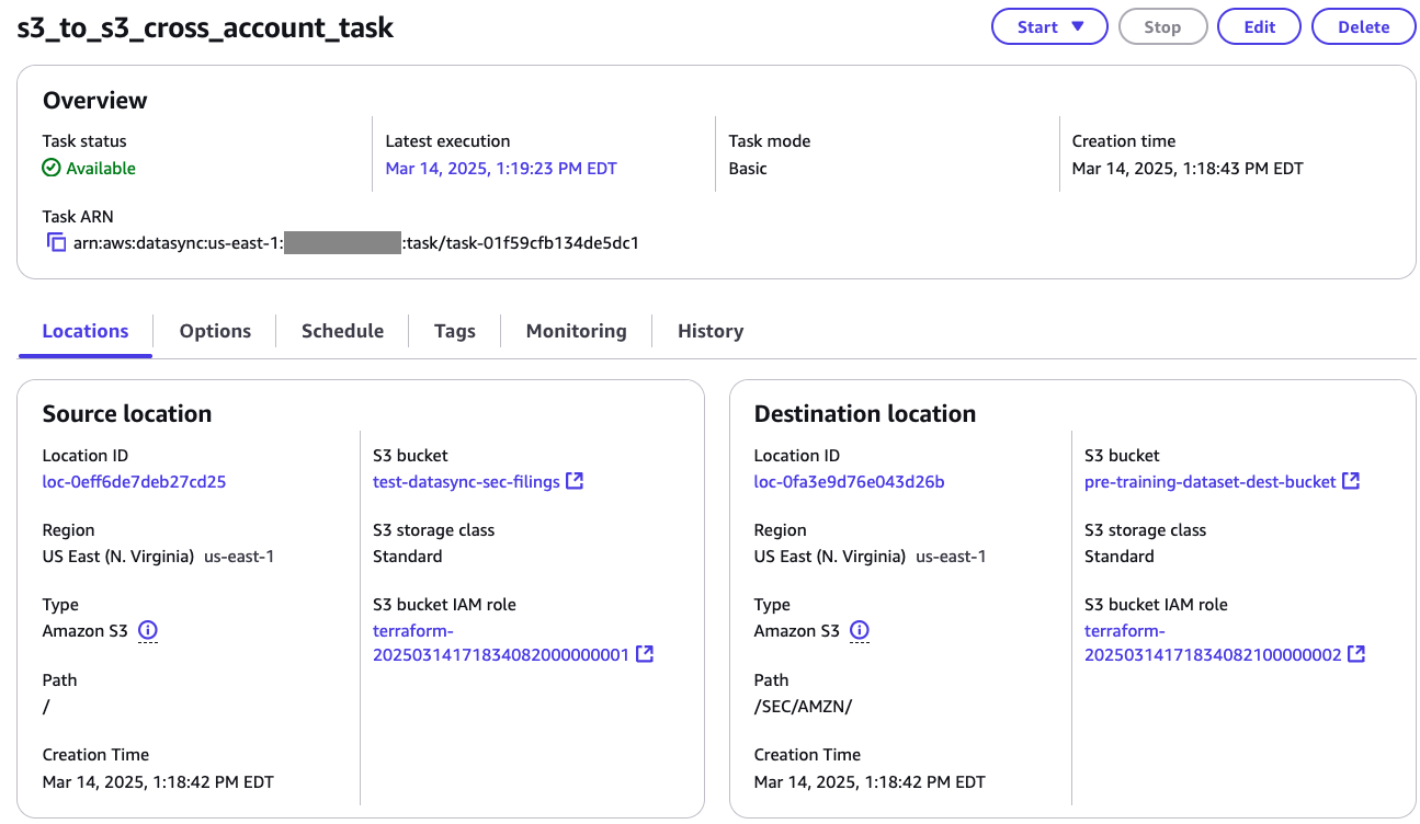 Source and destination locations from the DataSync task for transferring SEC filings