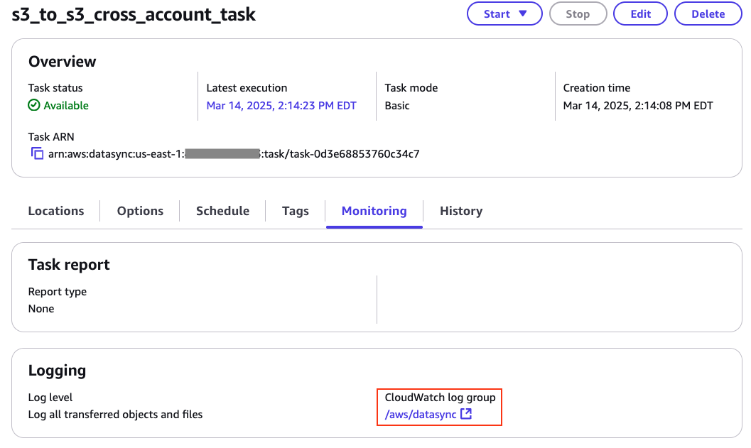 DataSync task monitoring options configured by Terraform