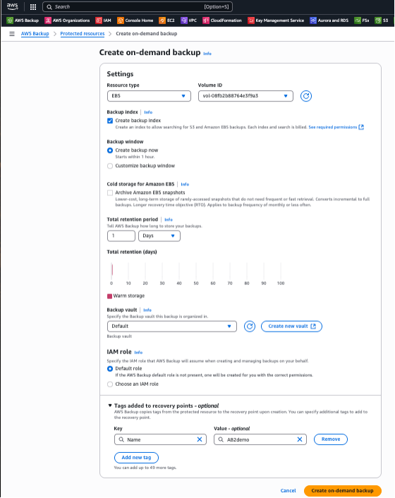 screenshot of create on demand backup screen