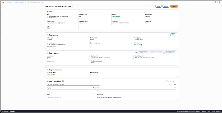 screenshot of the recovery point arn