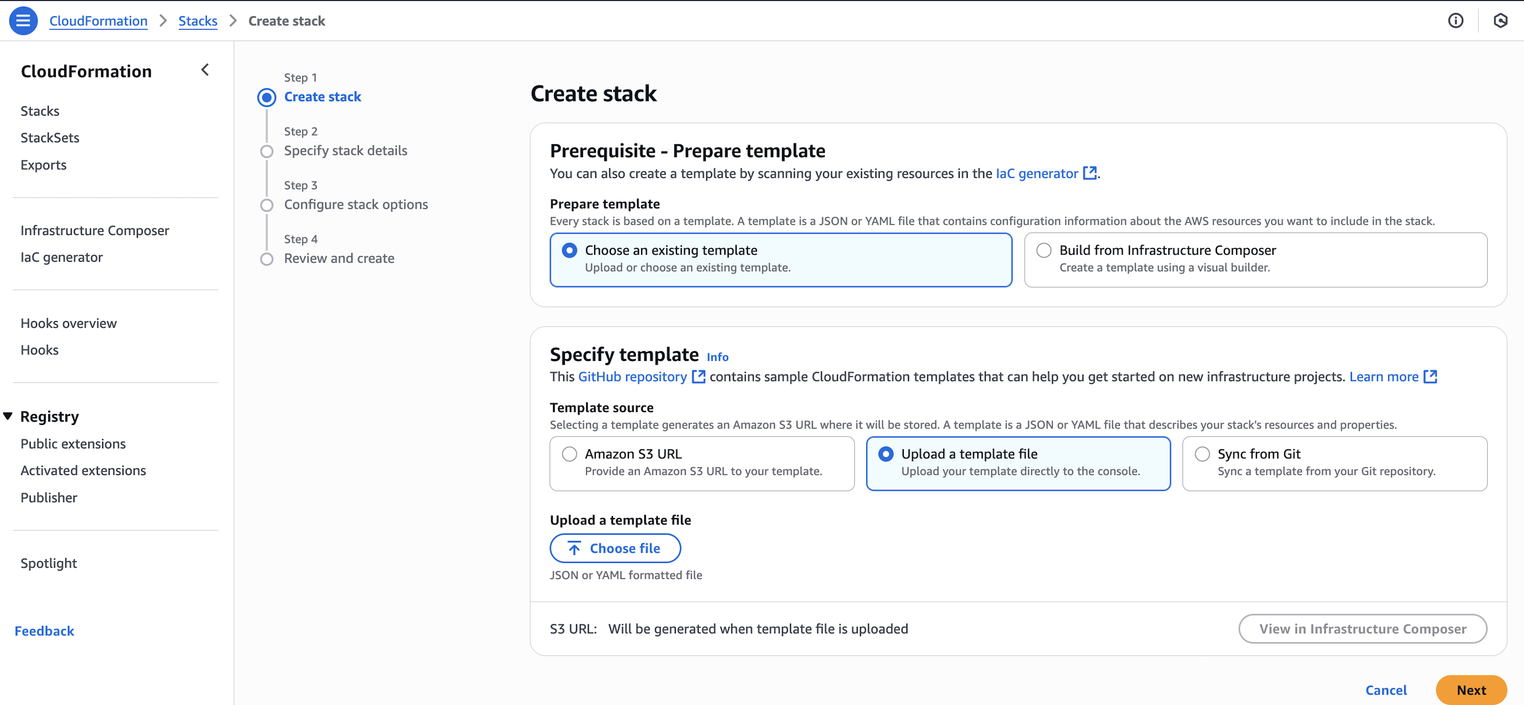 Create CloudFormation stack using the AWS Management Console 