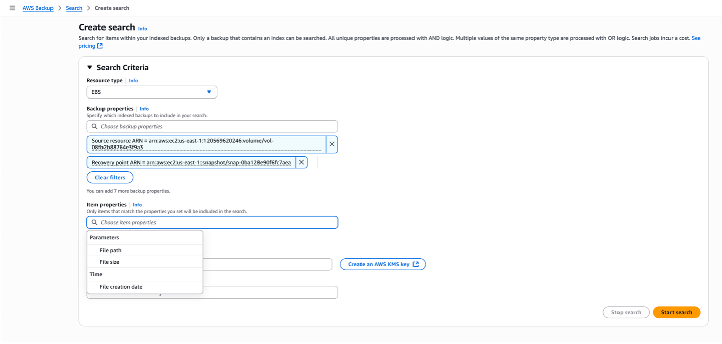 Create search page from the “Search backup” selection from recovery point ARN properties page