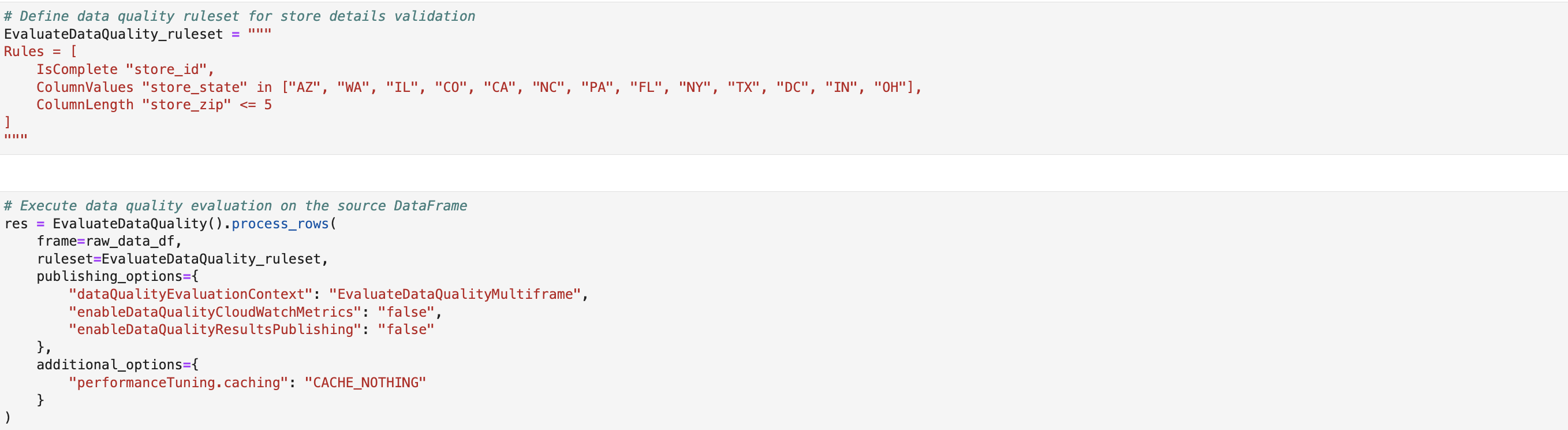 Two key steps are performed here. First, three key validation rules are established: making sure that store IDs are not empty, verifying store states match an approved list, and checking ZIP codes don't exceed five characters. Second, the defined quality rules are applied to the data, evaluating each row against validation criteria without metrics publishing or caching