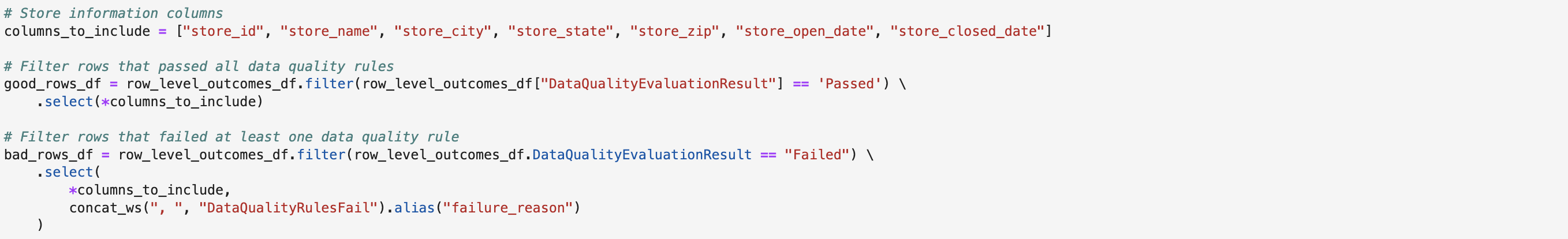 The code separates records based on quality check results. Valid records are filtered into one DataFrame while failed records go into another DataFrame with added failure reason details