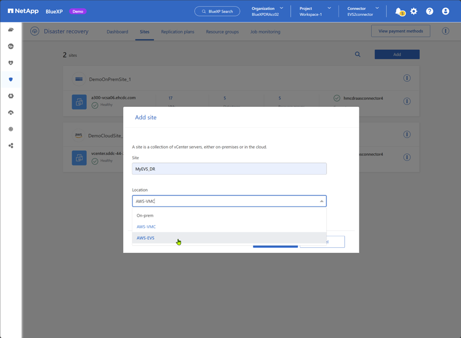 Figure 2 Creating an Amazon EVS site in BlueXP disaster recovery