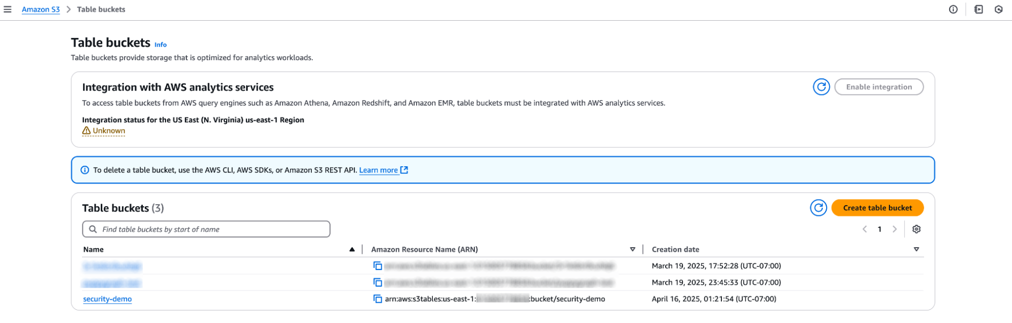 s3 tables bucket creation output