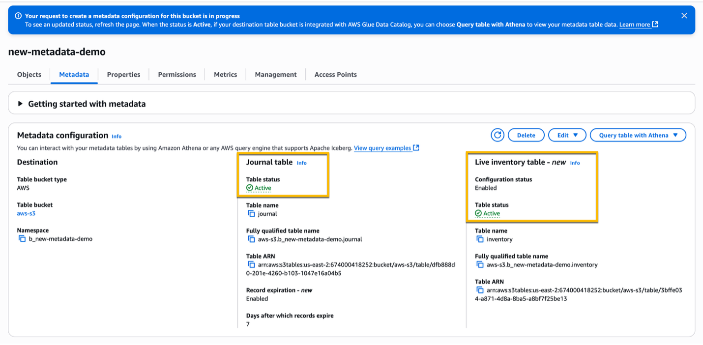 Console Metadata tab showing Journal and Live inventory tables in Active status