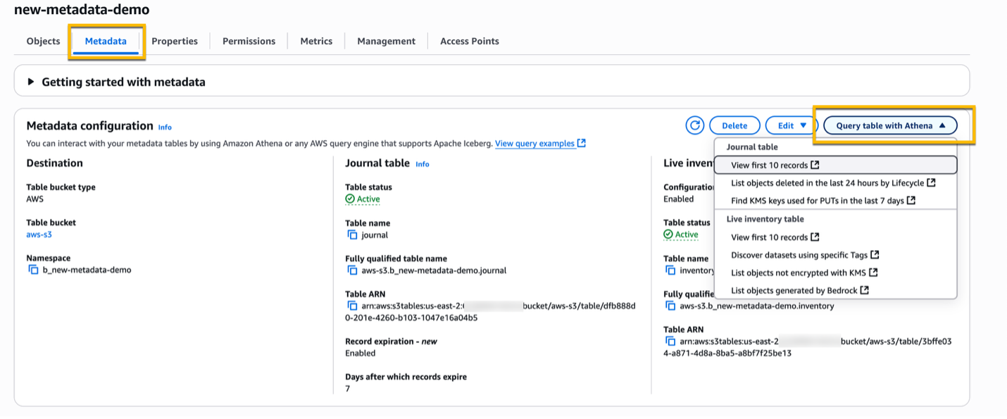 S3 Console Metadata tab with a box around the Query table with Athena button