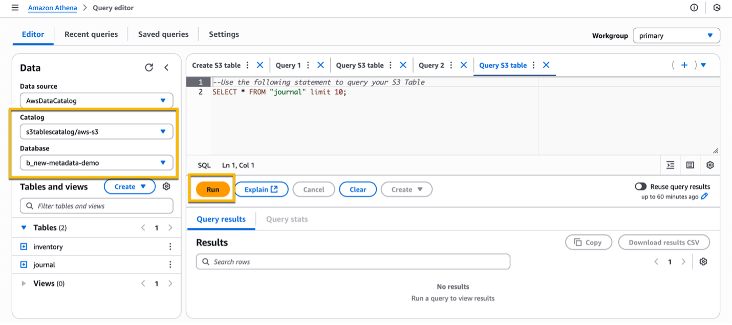 Athena Query editor with box around Catalog and Database and box around the Run button