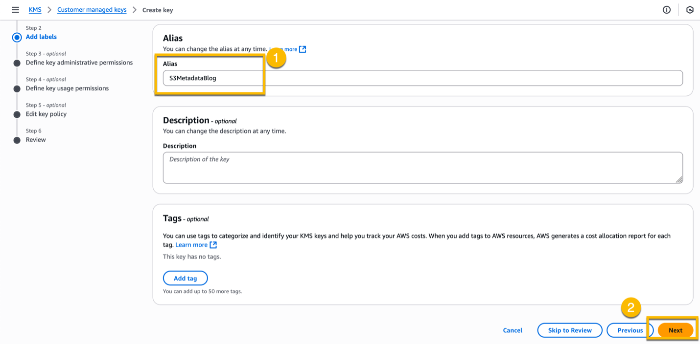 KMS console with boxes around the key Alias and the Next button
