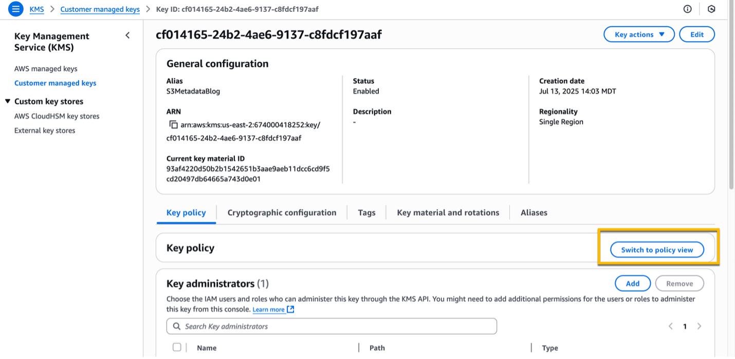 KMS console Key policy screen with box around the Switch to policy view button