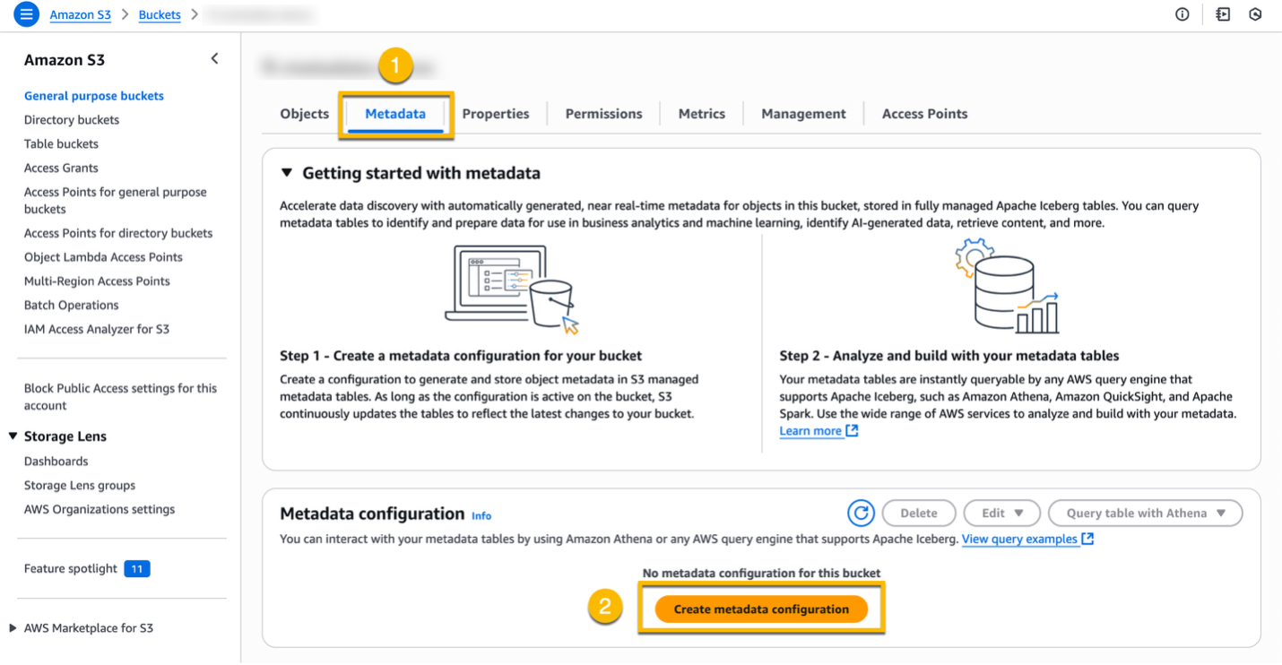 S3 console with boxes around the Metadata tab and the Create metadata configuration button