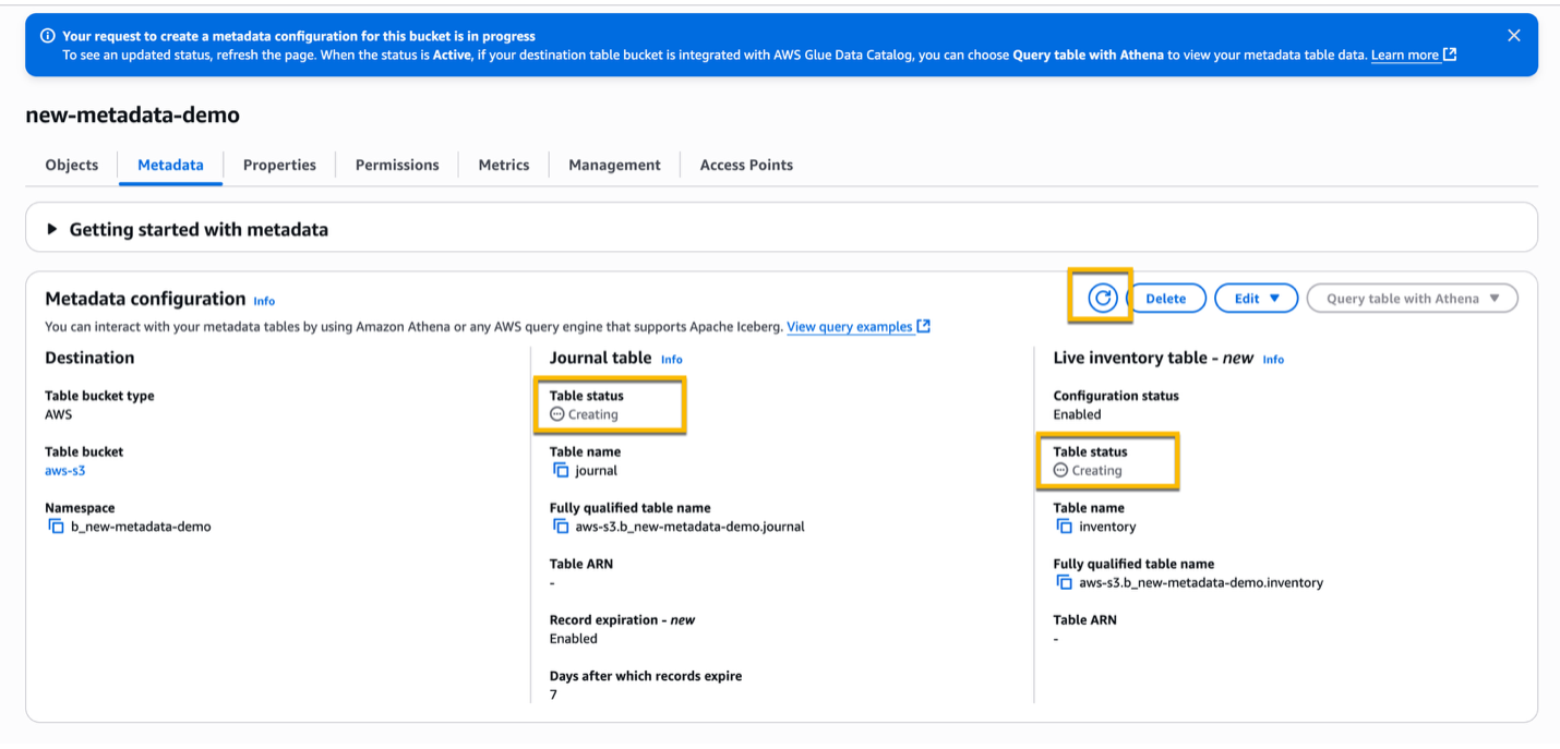 S3 Console Metadata tab showing Journal and Live inventory tables in Creating status