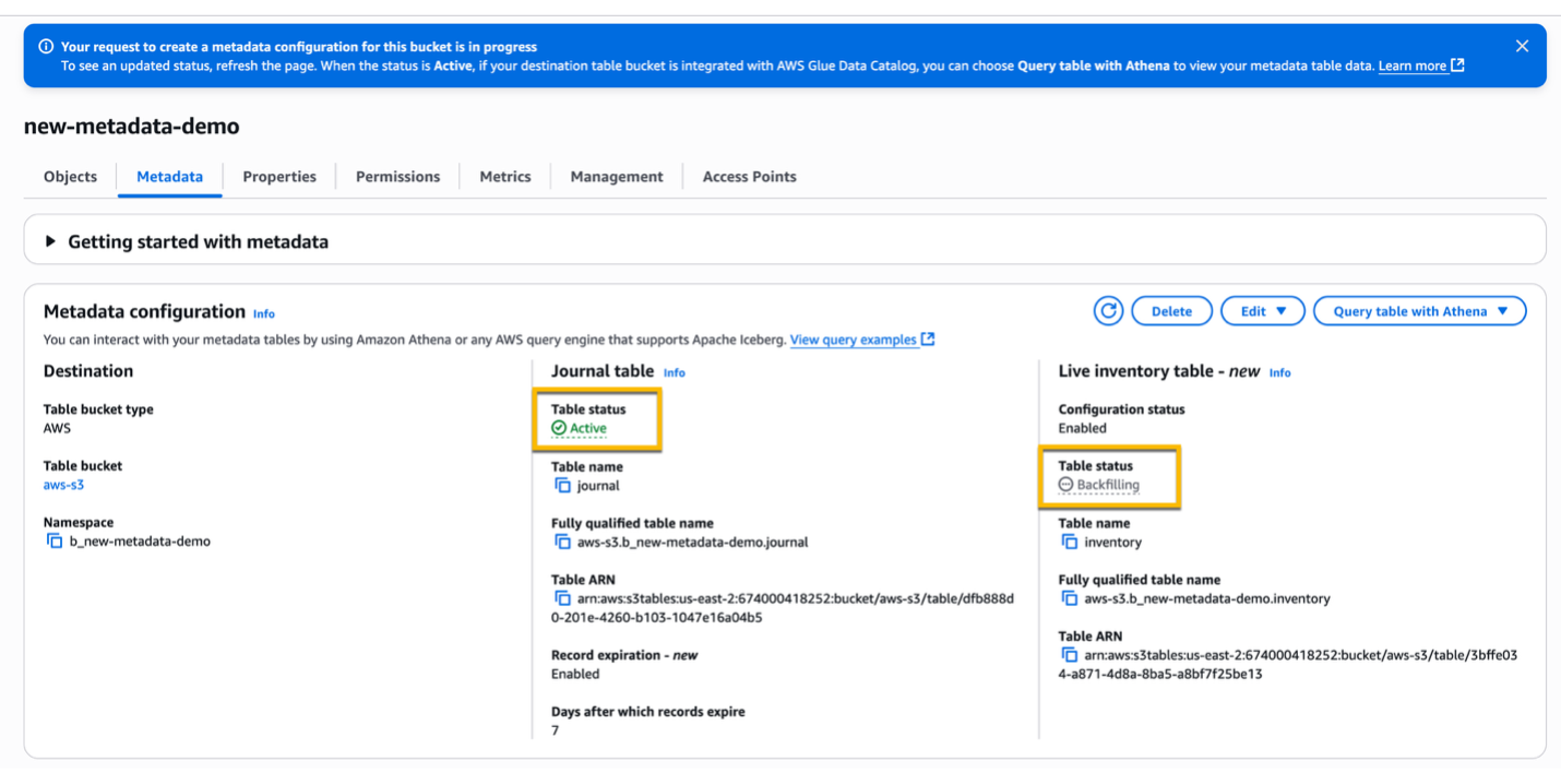 S3 Console Metadata tab showing Journal table in Active status and Live inventory table in Backfilling status.