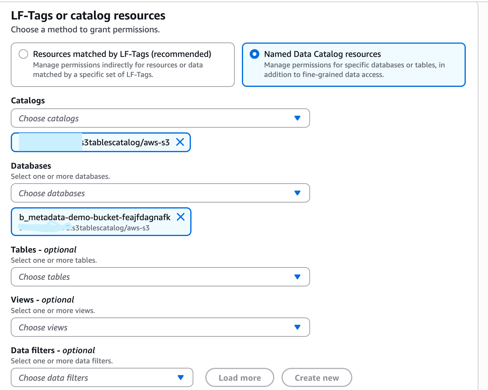 Lake Formation console with catalog and database selected