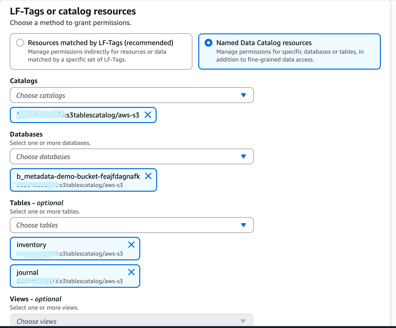 Lake Formation console with catalog, database, and tables selected