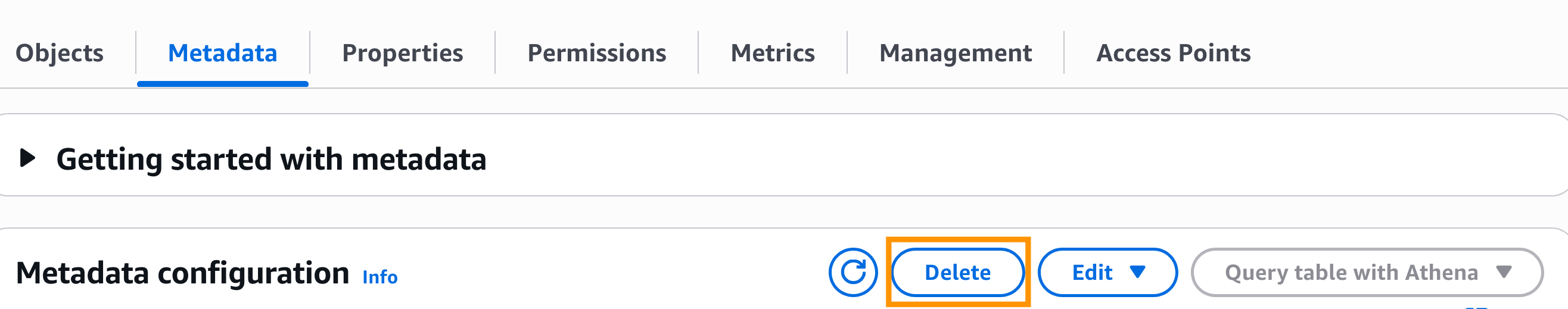 Screenshot of S3 Metadata with Delete button highlighted with orange box
