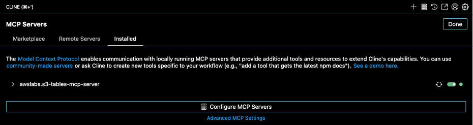 MCP Server configuration and tools screenshot