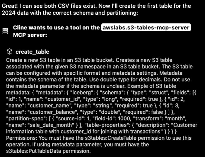 AI to create tables in table bucket abc_revenue in the namespace daily_sales